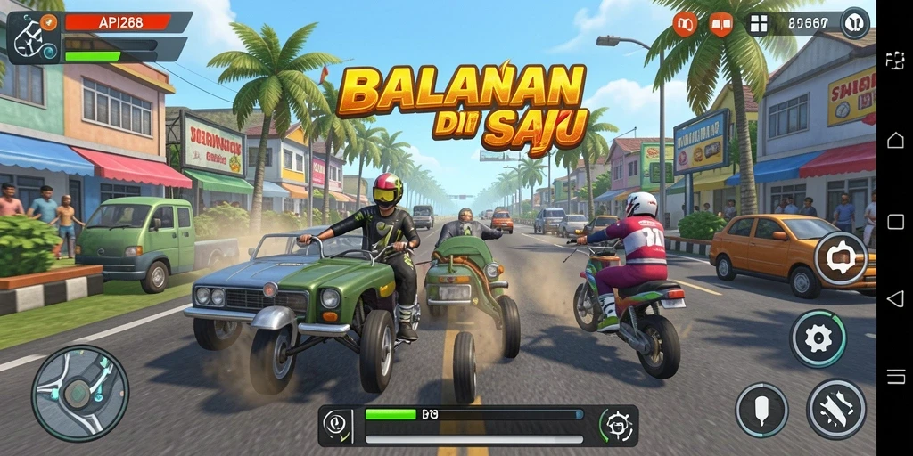 Tampilan gameplay seru dari API288 dengan mobil balap dan trek menantang.