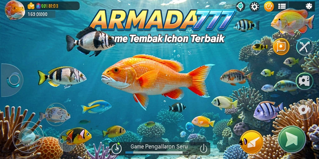 Tampilan gameplay seru dalam ARMADA777 menembak ikan di lautan.
