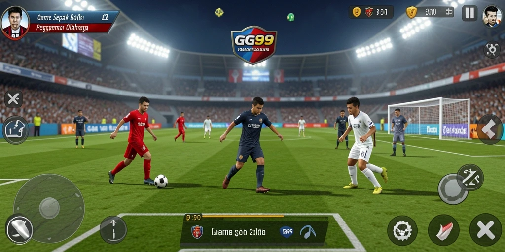 Tangkapan layar permainan GG99 menampilkan aksi sepak bola intens.